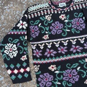 Vintage 1980’s Basic Editions Black Floral Fair Isle Crewneck Knit Sweater